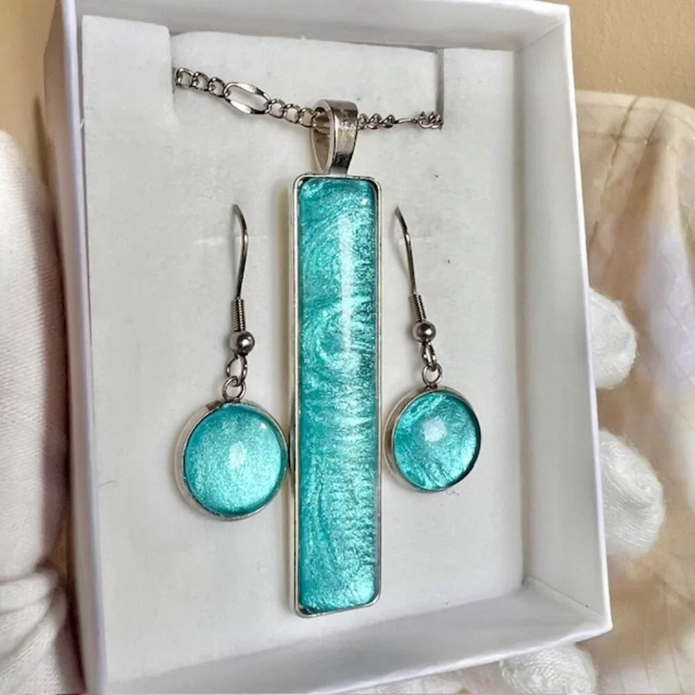 Blue Necklace & Earring Gift Set, Handmade Blue Jewelry, Stainless Steel, Glass - Picture 6 of 9